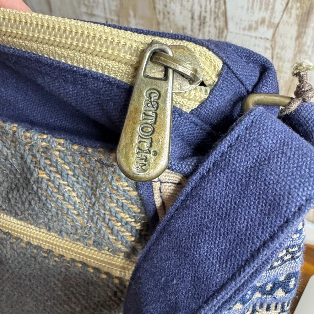 Vintage Catori Boho Embroidered Crossbody Bag Blue Tan Beaded‎ Charm